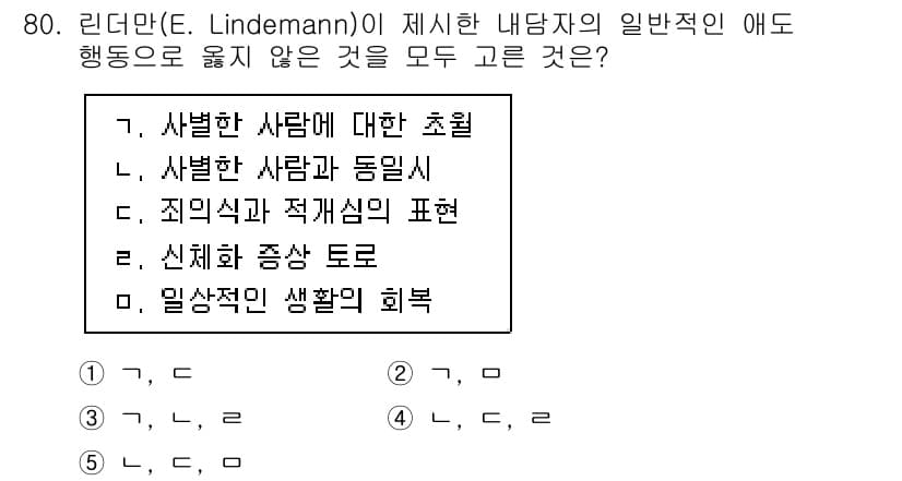 청소년상담사_1급(2교시) 2025년 80번 - 정답은 1번 '사별한 사람에 대한 초월'입니다. 린드만은 사별한 사람의 ... 에 관한 핵심 기출문제