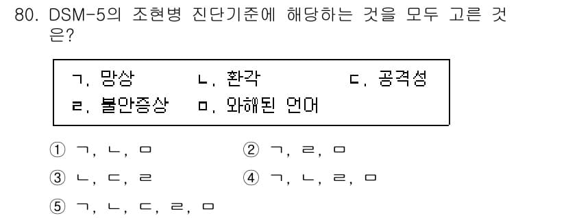 청소년상담사_2급(1교시)(구) 2025년 80번 - 문제에서 제시된 DSM-5의 조현병 진단 기준은 조현병의 주요 증상인 망... 에 관한 핵심 기출문제