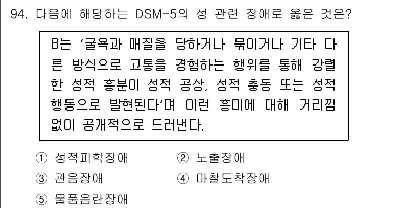 청소년상담사_2급(1교시)(구) 2025년 94번 - 이유: DSM-5에서 성적 지향과 성 정체성과 관련된 장애는 성적 발달과... 에 관한 핵심 기출문제