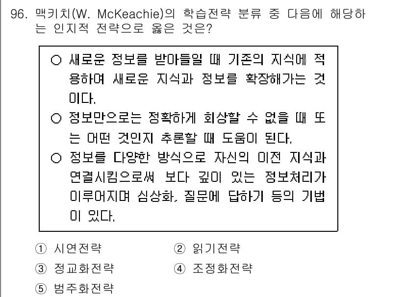 청소년상담사_2급(2교시)(구) 2025년 96번 - . 정답인 이유는 학습 전략이란 새 정보를 기존의 지식과 연결하여 이해를... 에 관한 핵심 기출문제