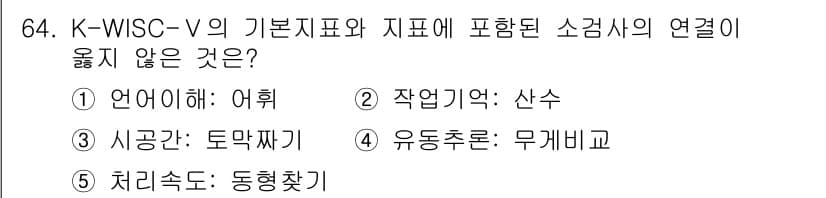 청소년상담사_3급(1교시)(구) 2025년 64번 - K-WISC-V의 기본지표와 지표에 포함된 소검사의 연결이 올바르지 않은... 에 관한 핵심 기출문제