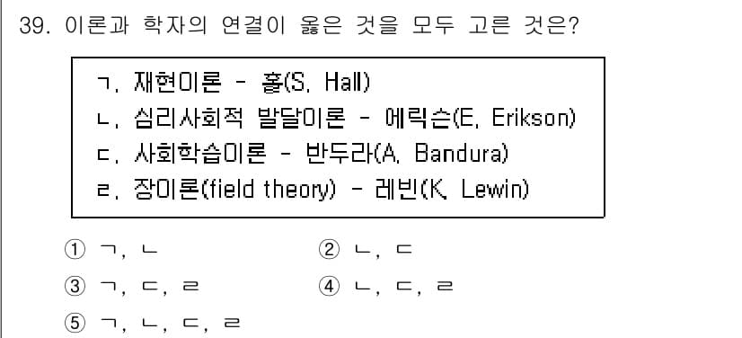 청소년상담사_3급(2교시)(구) 2025년 39번 - 재현이론은 홀(Hall)과 관련이 없고, 심리사회적 발달이론은 에릭슨(E... 에 관한 핵심 기출문제