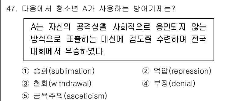 청소년상담사_3급(2교시)(구) 2025년 47번 - . **승화(sublimation)**  
청소년 A는 본인의 감정을 사... 에 관한 핵심 기출문제