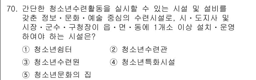 청소년상담사_3급(2교시)(구) 2025년 70번 - 정답은 5번 "청소년문화의 집"입니다. 청소년문화의 집은 청소년을 위한 ... 에 관한 핵심 기출문제