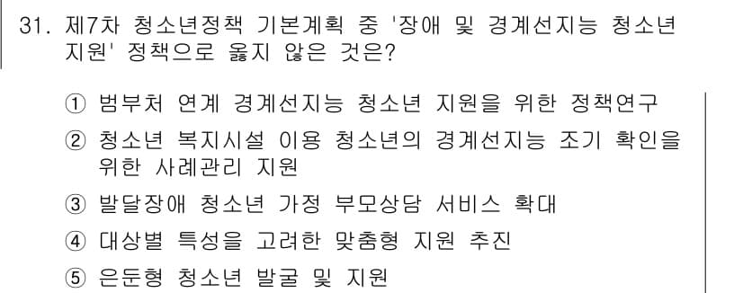 청소년상담사_3급(2교시) 2025년 31번 - 정답 5번은 "운동청소년 발굴 및 지원"입니다. 이는 청소년 정책의 목적... 에 관한 핵심 기출문제