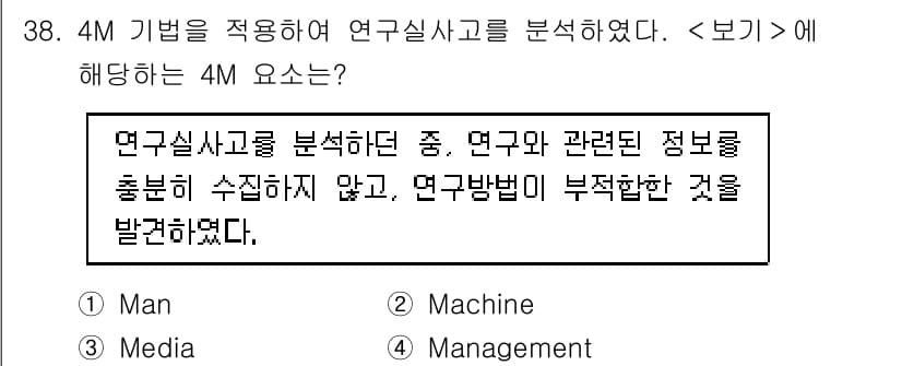 연구실안전관리사 2024년 38번 - . 4M 요서는 연구실 사고 분석 시 사람, 기계, 매체, 관리의 네 가... 에 관한 핵심 기출문제