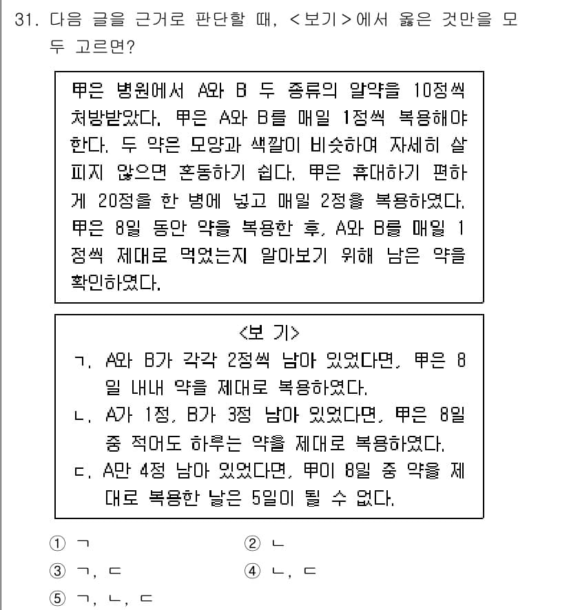 PSAT_상황판단 2025년 31번 - 문제에서 A와 B의 약물이 10정씩 남아 있으며, A약물이 8정이 남아 ... 에 관한 핵심 기출문제