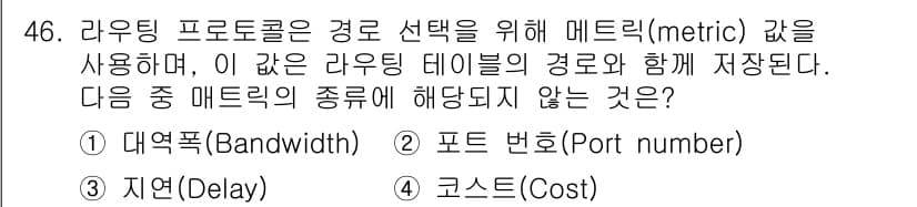 네트워크관리사_1급 2025년 46번 - 정답은 2번 포트 번호(Port number)입니다. 라우팅 프로토콜은 ... 에 관한 핵심 기출문제