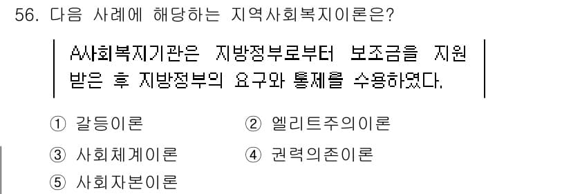 사회복지사_1급(2교시)(구) 2025년 56번 - 정답은 4번, 권력존의입니다. 지역사회복지의 개념은 자원 분배와 권력 구... 에 관한 핵심 기출문제