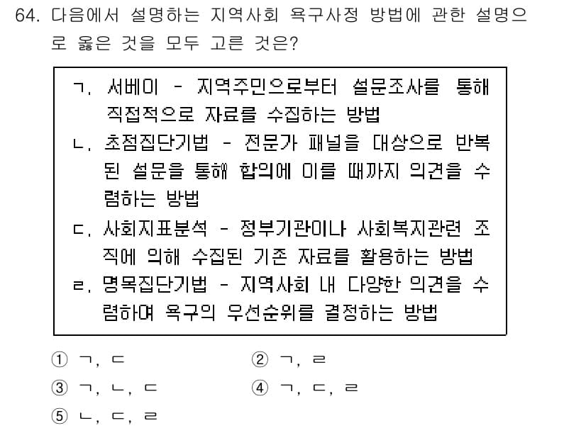 사회복지사_1급(2교시)(구) 2025년 64번 - 정답 4번은 서비가 지역주민을 통해 직접적으로 자료를 수집하는 방식을 설... 에 관한 핵심 기출문제
