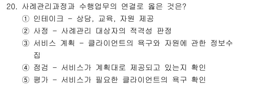 사회복지사_1급(2교시) 2025년 20번 - 사회복지 관리프로세스는 클라이언트의 상태와 필요를 평가하여 적절한 서비스... 에 관한 핵심 기출문제