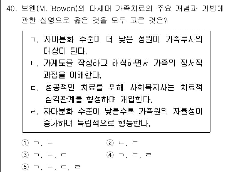 사회복지사_1급(2교시) 2025년 40번 - 정답 3번은 보웬의 가족 치료에서 가족 수용이 개인적 성장을 돕고, 개인... 에 관한 핵심 기출문제