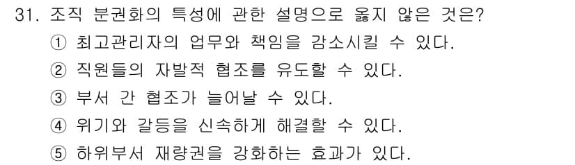 사회복지사_1급(3교시)(구) 2025년 31번 - 조직 분권화의 특성에 대한 설명으로 옳지 않은 것은 4번입니다. 분권화는... 에 관한 핵심 기출문제