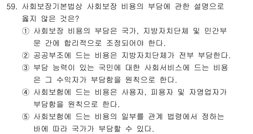 사회복지사_1급(3교시)(구) 2025년 59번 - . 공공부문에 드는 비용은 지방자치단체가 정부 부담을 원칙으로 한다는 설... 에 관한 핵심 기출문제