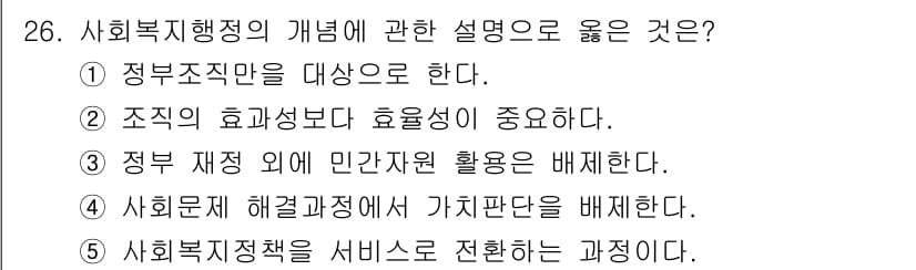 사회복지사_1급(3교시) 2025년 26번 - 사회복지행정은 정부의 정책을 수행하기 위해 자원을 효율적으로 배분하고 활... 에 관한 핵심 기출문제