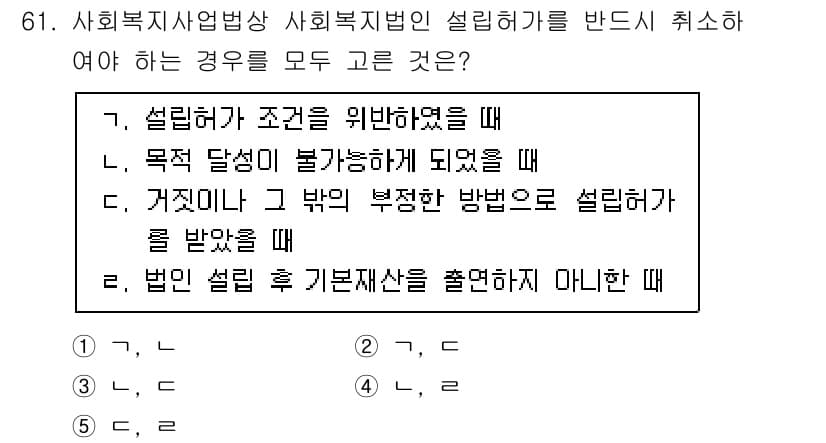 사회복지사_1급(3교시) 2025년 61번 - 사회복지사 1급 시험에서 사회복지사업법 사회복지의 설립허가를 반려해야 하... 에 관한 핵심 기출문제