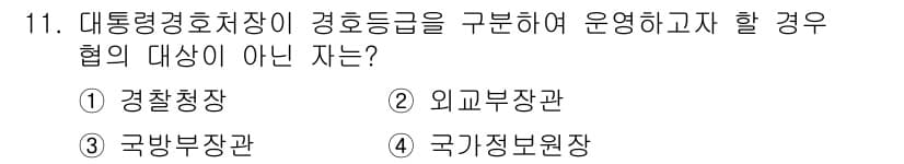 경비지도사_2차(경호학) 2024년 11번 - 정답은 3번 국가정보원장입니다. 대통령 경호를 위한 경호 인력의 운영 및... 에 관한 핵심 기출문제