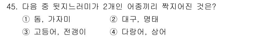어업생산관리기사 2015년 45번 - . 대구, 망태

대구와 망태는 모두 식용으로 활용되는 어종이며, 같은 ... 에 관한 핵심 기출문제
