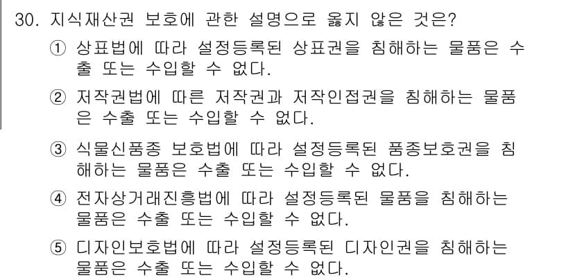 관세사_관세법개론 2015년 30번 - . 디자인보호법에 따라 상표등록된 디자인권을 침해하는 물품은 수출 또는 ... 에 관한 핵심 기출문제