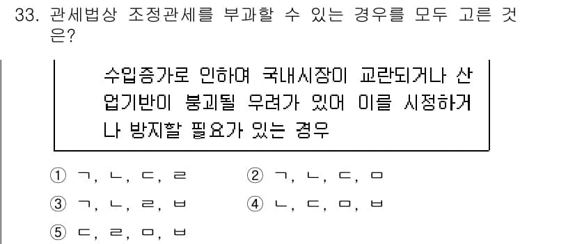 관세사_관세법개론 2017년 33번 - 정답 3번은 수입품이 국내 시장에 부정적인 영향을 미칠 경우에 해당합니다... 에 관한 핵심 기출문제