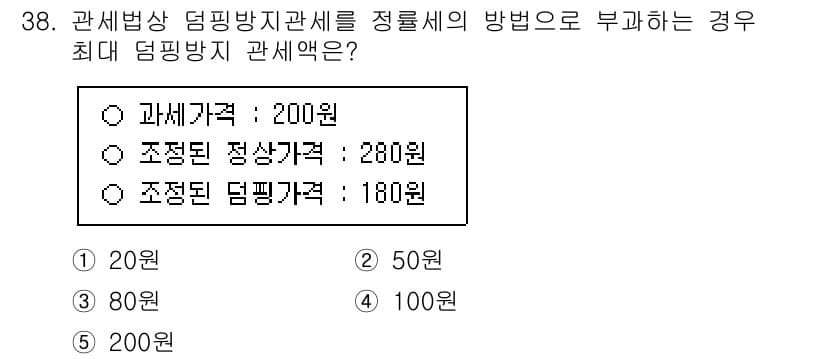 관세사_관세법개론 2017년 38번 - 관세법상 덤핑방지관세는 수입품의 가격이 정상 가격보다 낮을 때 부과됩니다... 에 관한 핵심 기출문제