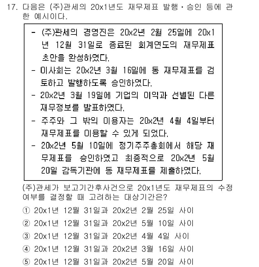관세사_회계학 2017년 17번 - 정답 4번은 주주가 아닌 제3자가 재무제표를 유출해도 책임이 없기 때문입... 에 관한 핵심 기출문제