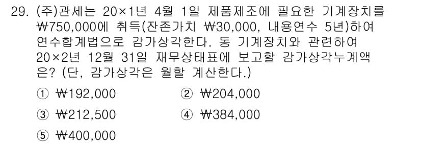 관세사_회계학 2019년 29번 - 감가상각비는 취득가액에 기준하여 계산되며, 해당 기계장치의 내용연수 5년... 에 관한 핵심 기출문제