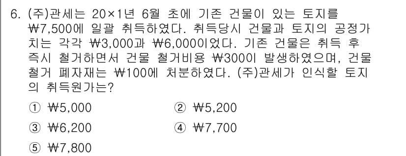 관세사_회계학 2020년 6번 - 해당 문제에서 취득 당시 토지의 공정가치는 6,000,000원이지만, 건... 에 관한 핵심 기출문제