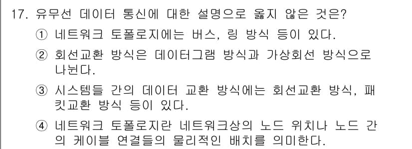 9급_국가직_공무원_전자공학개론 2025년 17번 - . 회선교환 방식은 데이터그램 방식과 가상회선 방식으로 나뉜다.

해설:... 에 관한 핵심 기출문제