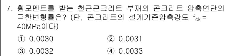 9급_지방직_공무원_토목설계 2024년 7번 - 문제에서 요구하는 고유한 변형량은 콘크리트의 압축 강도와 관련되며, 설계... 에 관한 핵심 기출문제