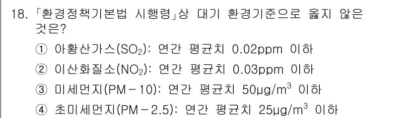 9급_지방직_공무원_환경공학개론 2025년 18번 - . 초미세먼지(PM-2.5)의 연간 평균치가 25μg/m³ 이하인 기준이... 에 관한 핵심 기출문제